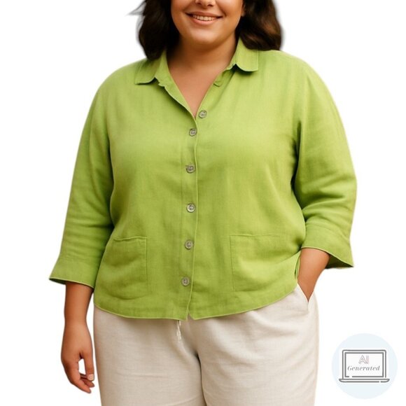 Talbots Women Irish Linen Shirt 3/4 Ruffle Sleeve Green MOP Button Plus Size 24W - Picture 1 of 11